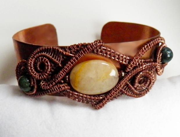 Náramek Serena achát originální měď autorský surový jadeit minerály placička oválek wire wrapping měděný drát 