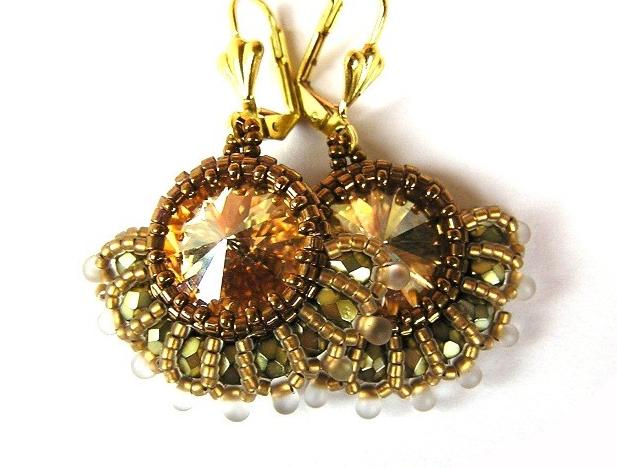 Sunshine zelená náušnice zlatá šité luxusní swarovski síťované bronzová vějíř vějířky golden shadow vějířek síťování 