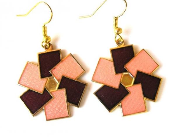 Růžová s bordo náušnice zlatá růžová elegantní visací bordo cloisonne smaltované 