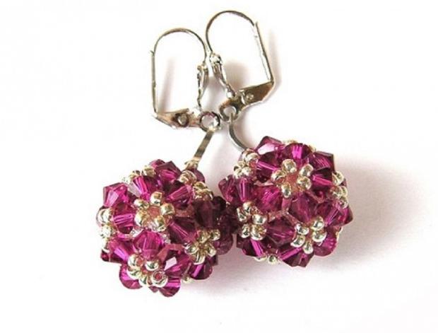 Fuchsiové kuličky Swarovski náušnice kuličky fialová visací šité swarovski stříbrná fuchsiová 