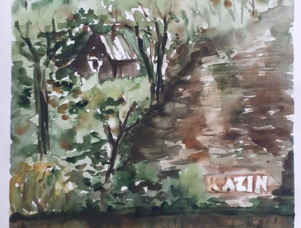 Akvarel originál Kazín papír obraz příroda krajina chata originál skála řeka akvarel berounka kazín 