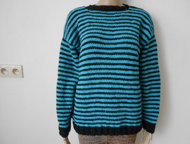 Ručně pletený svetr s merinem, M,L modrá černá svetr dámský akryl vlna merino teplý 