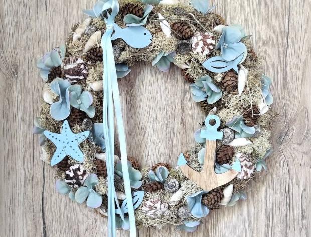 Luxusní mořský věnec do blankytné dekorace dárek moře květina ryba letní narozeniny mušle věnec květ mořský léto kotva mech hvězdice květinový sea na dveře summer blankytný hortenzie k zavěšení světlemodrý na stěnu stabilizovaný suché plody wreath 