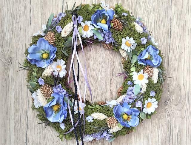 Luxusní letní věnec do modrofialové modrý dekorace dárek levandule zelený letní narozeniny věnec květ léto fialový kopretina bílý mech sasanka květinový na dveře summer šiška k zavěšení na stěnu stabilizovaný suché plody wreath 