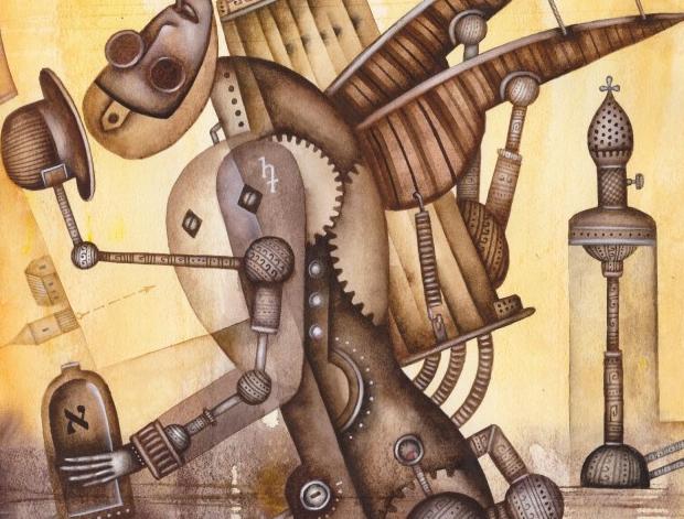 Steam Angel malba město anděl steampunk akvarel surrealismus evžen ivanov steam angel 