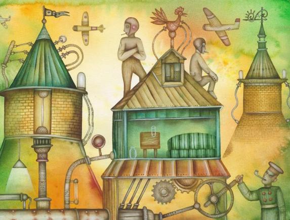 Letci malba město anděl steampunk letadlo akvarel surrealismus letec evžen ivanov 
