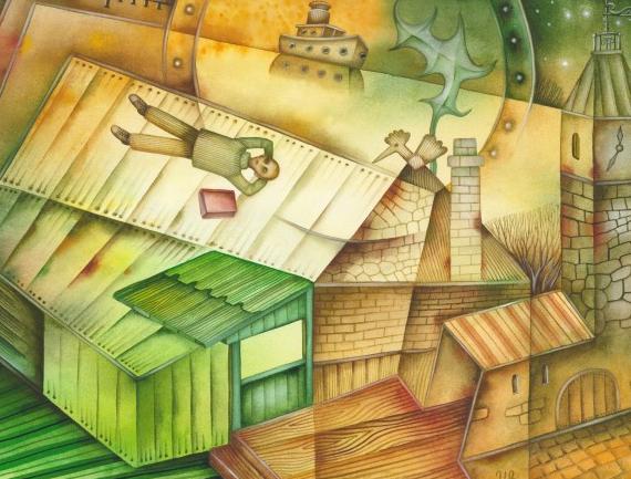 U moře moře malba krajina město akvarel surrealismus evžen ivanov 
