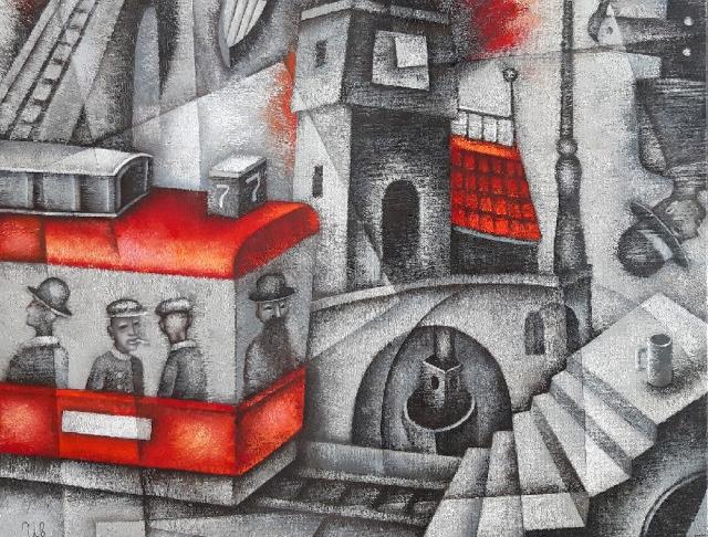 Tramvaj číslo sedm malba krajina město olejomalba kubismus kubistická evžen ivanov tramvaj 
