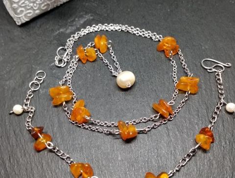 Jantarová souprava luční med šperky dárek svátek výročí řetízek nerez ocel jantar minerály wire-wrapping kameny drátkování ruční výroba pro ženy hand-made 