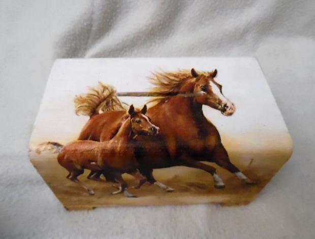 kasička koně dřevo děti kůň koník krabička decoupage pokladnička kasička grunterka klisna peníze hříbě 
