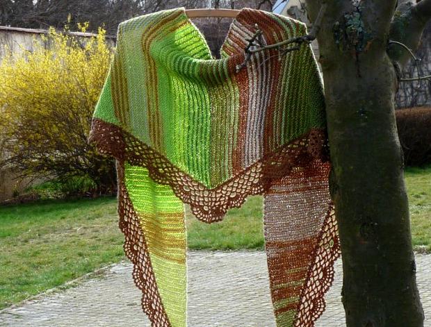 Pletený šátek - jarní zelenání hnědý originální zelený jarní bavlna pletený šáteček univerzální šátek podzimní bavlněný handmade 
