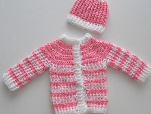 Souprava děti růžová čepice čepička holčička holčičí svetr miminko souprava háčkované svetřík kabátek soupravička celoroční handmade 