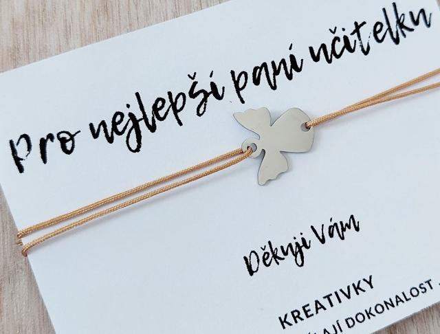 náramek Pro paní učitelku náramek srdce dárek srdíčko láska anděl křídla zapínání matka škola drhání uzlík mňau maminka posuvné šňůrkový učitelka 