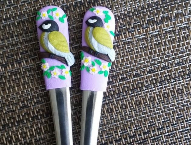 Sýkora zvíře puntík retro dětské dětská fimo lžíce tečka dezertní lžička polka dots 