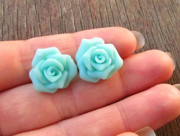 Růžičky - mentolové náušnice růže fialové rose růžička puzetka mentol puzety puzeta pastelová pastel mentolové 