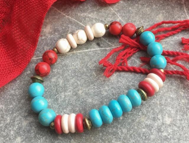 Náramek s rondelkami červená náramek bílá tyrkys mosaz pružný ethno rondelky boho 