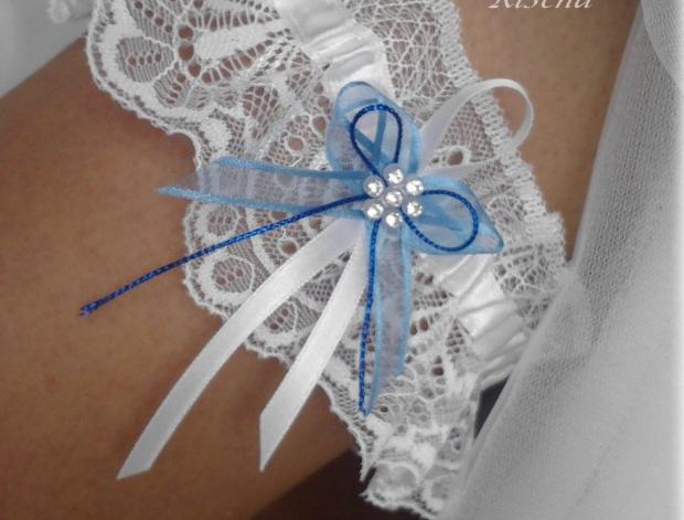 PODVAZEK bílo-modrý krajkový modrý dárek modrá bílá sexy bílý satén svatební dárkový nevěsta wedding podvazky hochzeit podvazek - svatba svatební šaty rozlučka 