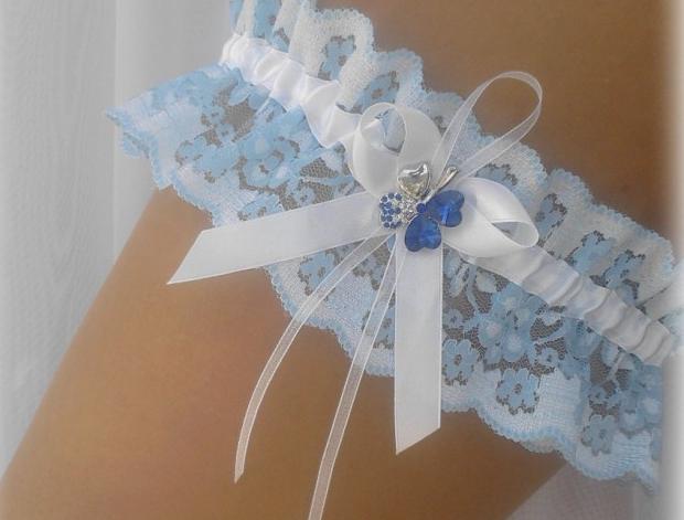 PODVAZEK MODRÝ ČTYŘLÍSTEK modrý dárek modrá elegantní bílá láska svatba krajka sexy bílý svatební romantický dárkový nevěsta závoj wedding podvazek hochzeit svatební šaty podvazkový pás 