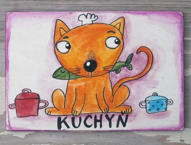 Cedulka na dveře cedulka kočka veselé kuchyň malvice originální malba 