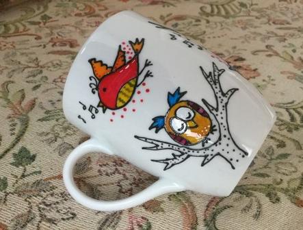 Hrneček malovaný ptáčci / srdíčka dárek hrneček porcelán 3l 