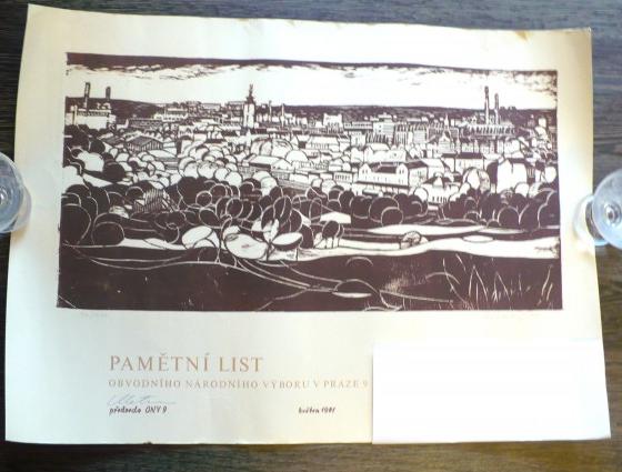 Pamětní list, linoryt, retro, 1979/ obraz list autorský linoryt pamětní signovaný 