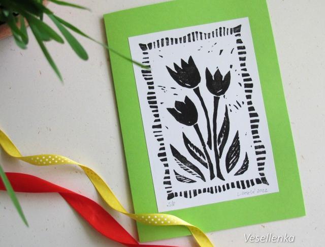 Přání Tulipány - linoryt květy přání vyšívání jaro velikonoce výšivka tulipán dopis 