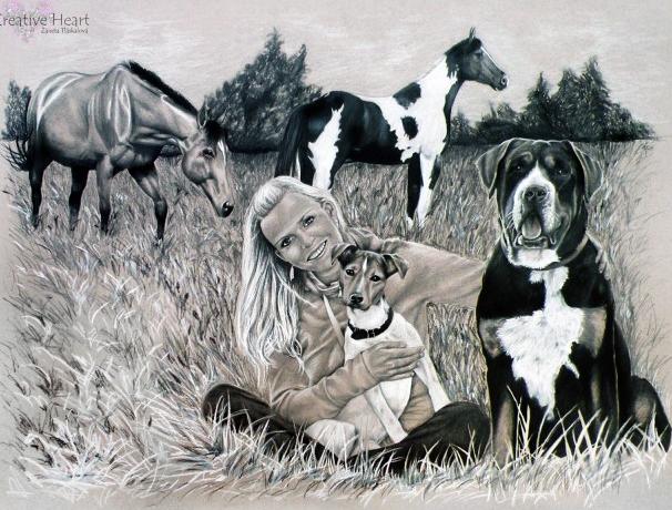 Portrét tužkou a bílou křídou