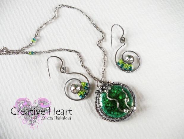 Sada Lesní studánka šperk zelený sada nerez ocel originál wire-wrapping 