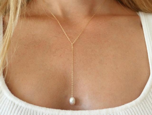 Řetízek ve tvaru Y s perlou (G:F.) náhrdelník talisman dárek řetízek perly zlato perla dlouhý perlový minimalistický 