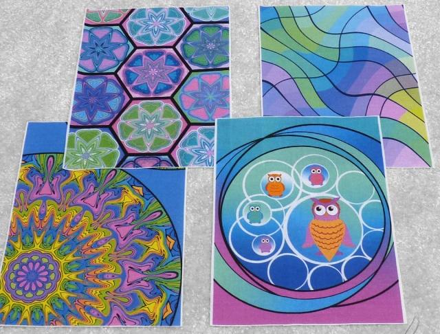 Set bavlněných panelů-modrofialové sovičky bavlněné panely vzorovaná látka látkové panely látka na patchwork fialové odstíny 